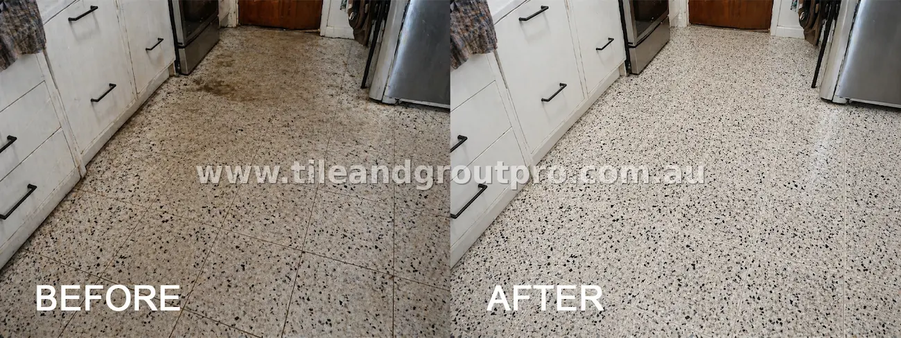 Beige ceramic floor tiles in living area showing embedded dirt and discoloured grout before tile and grout cleaning