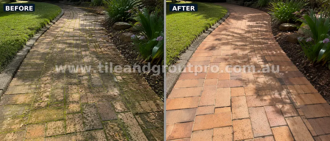 Before tile renewal, clay brick pavers along a curved garden walkway were affected by moss growth, organic staining, dirt buildup, and weather-related discolouration between landscaped garden beds.