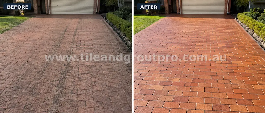 Before tile renewal, clay brick pavers on a residential driveway displayed tyre marks, surface staining, dirt accumulation, and faded colour from vehicle traffic and outdoor exposure.