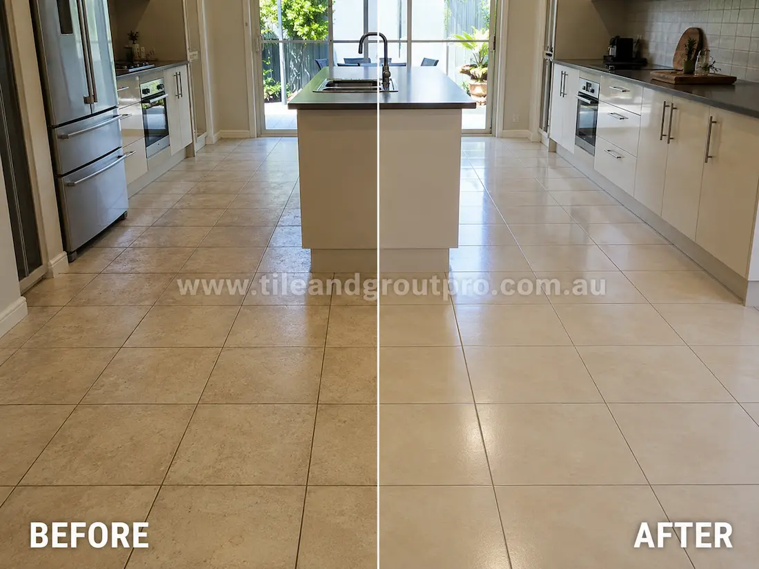 Modern kitchen with cream ceramic floor tiles before sealer stripping, featuring uneven sealer haze and dull tile finish around the island bench and cabinetry.