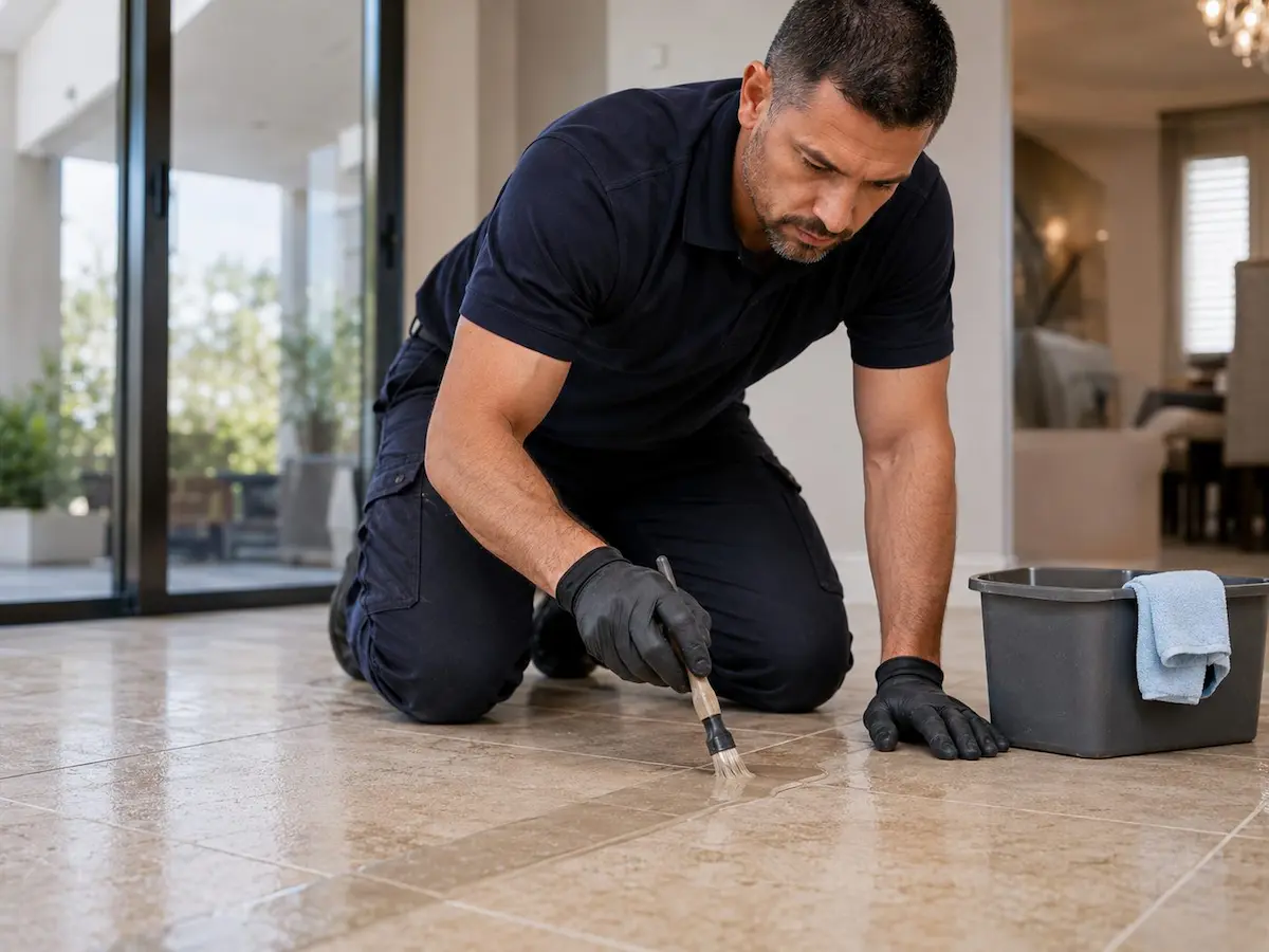 Technician applying grout sealer in a modern home