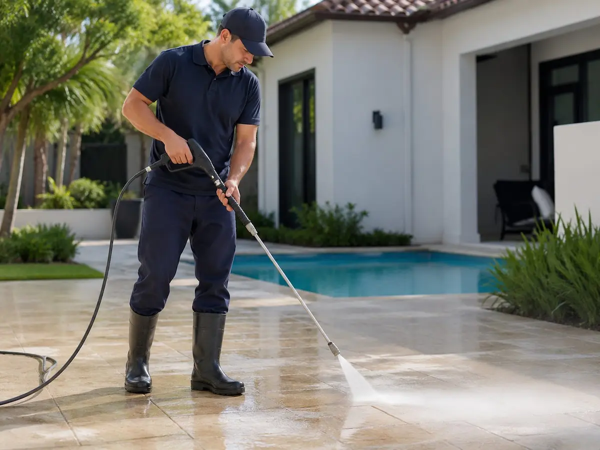 Pressure cleaning or restoring outdoor tiled areas by a pool