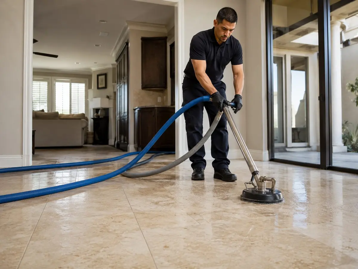Tile and grout cleaning technician working in a modern home