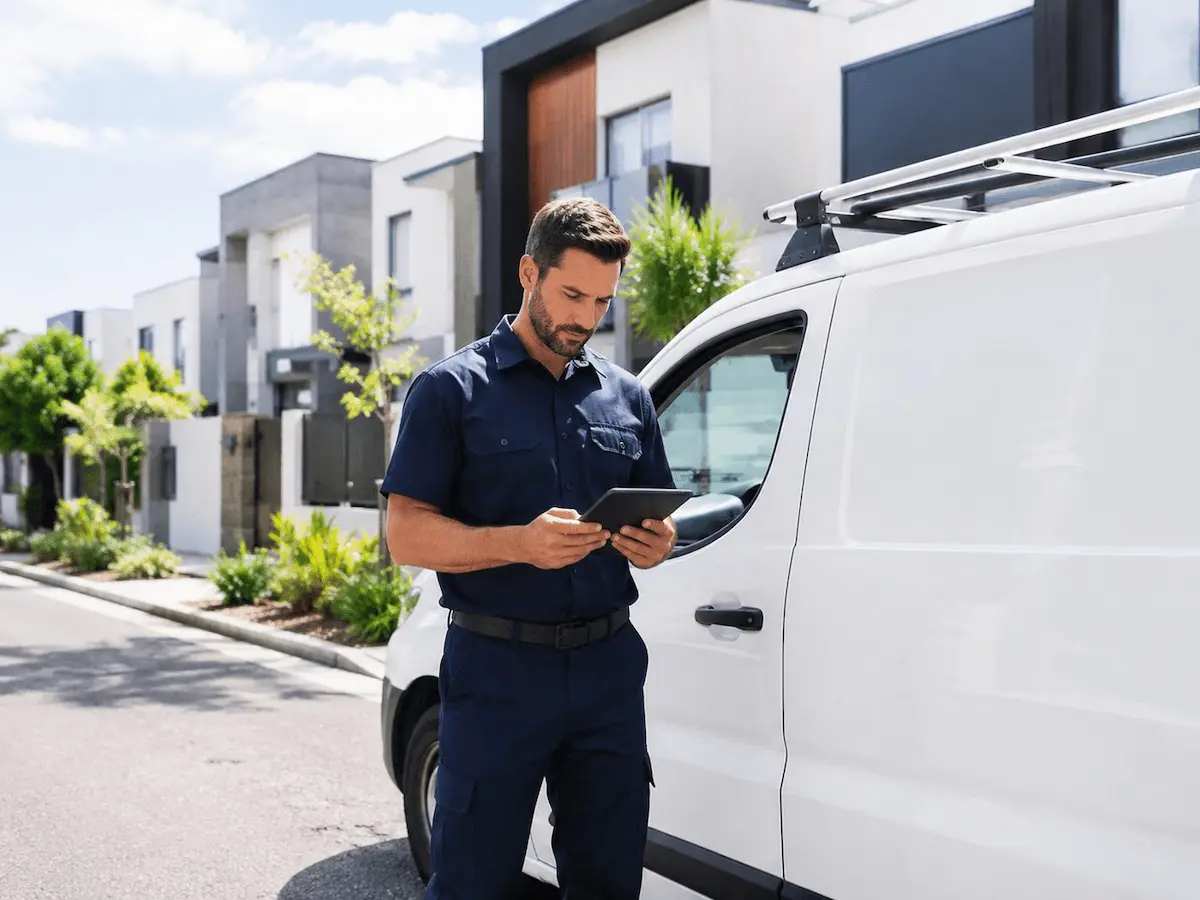 Contractor checking job details on a tablet beside a work van