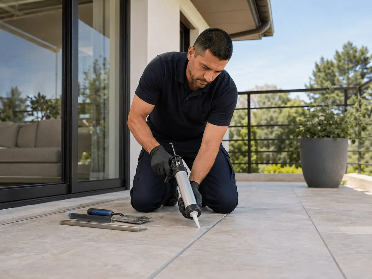 Contractor repairing or restoring patio tiles