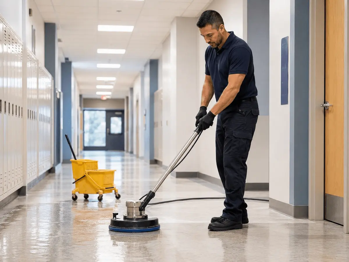 Technician polishing corridor floors