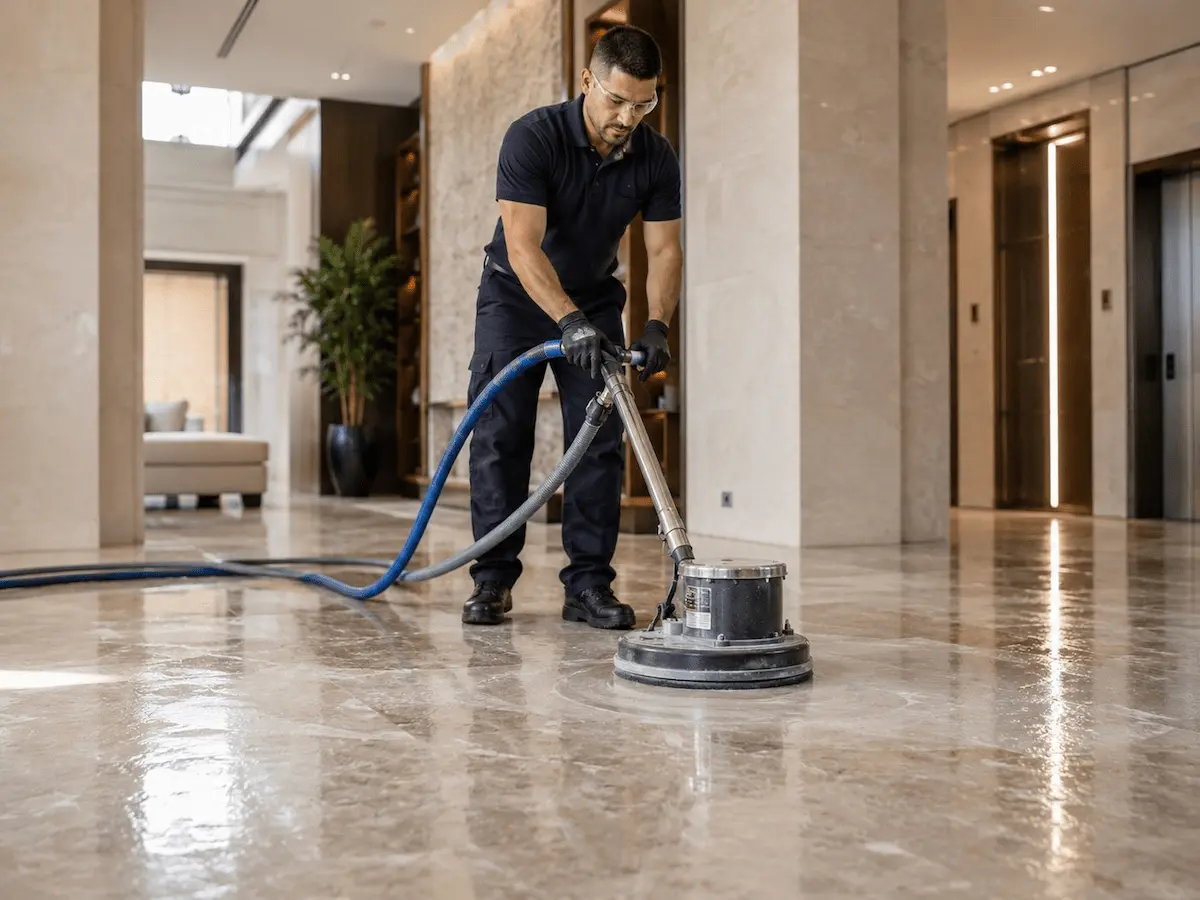 Stone polishing work on an elegant lobby floor