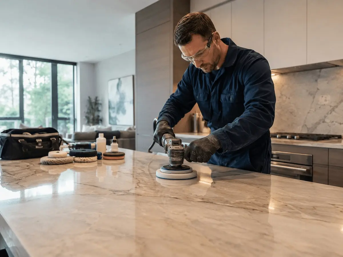 Stone polishing on a marble kitchen island