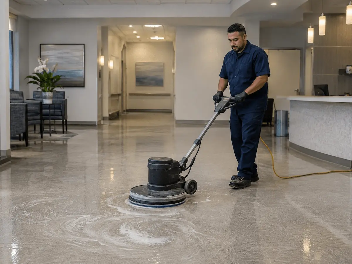 Professional floor polishing in a sleek modern commercial interior
