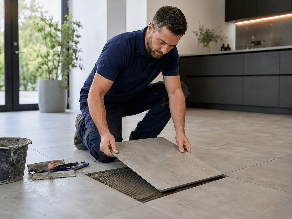 Tiler replacing or installing a modern kitchen floor tile