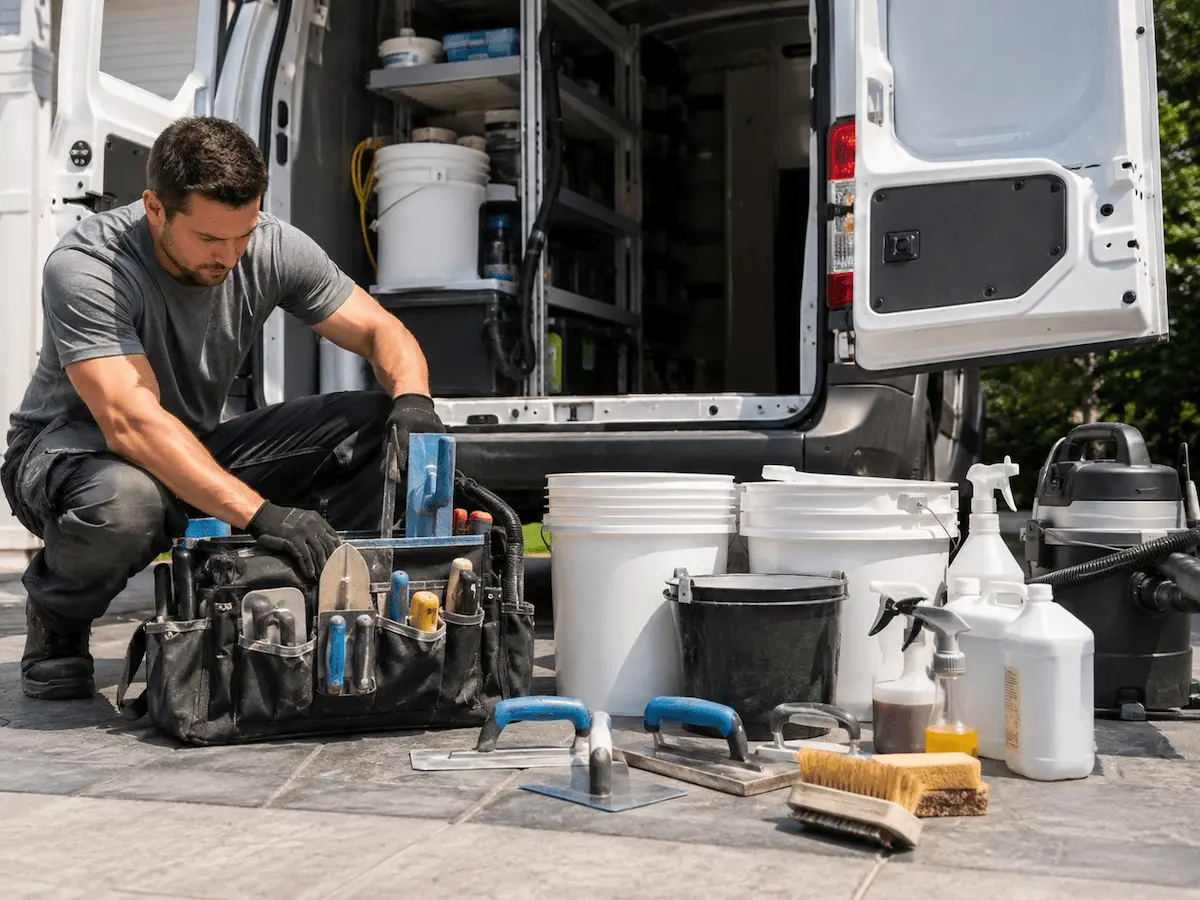 Tools organised in a suburban driveway beside a work vehicle