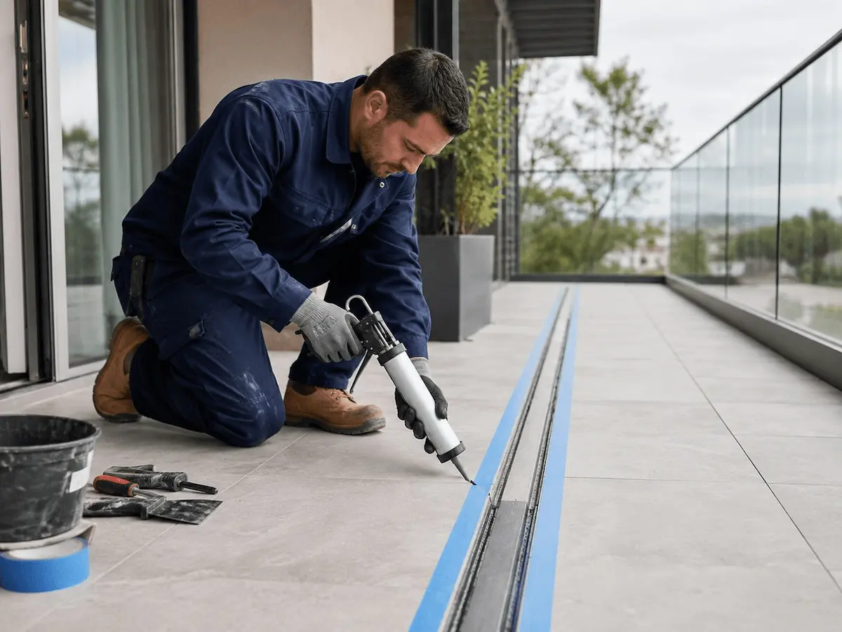 Worker sealing a tile joint on a balcony