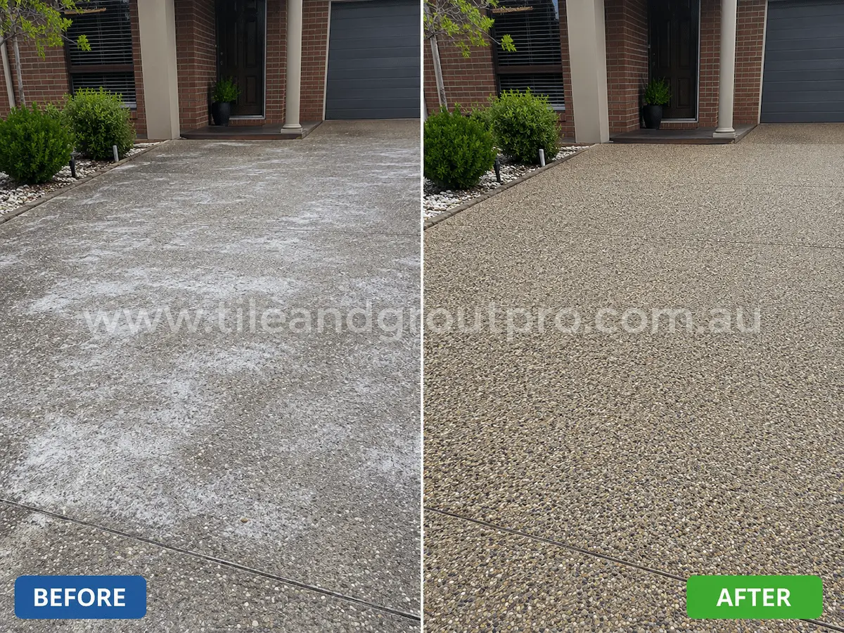 Before and after view of an exposed aggregate concrete driveway with severe white efflorescence staining and mineral deposits professionally cleaned using efflorescence treatment.
