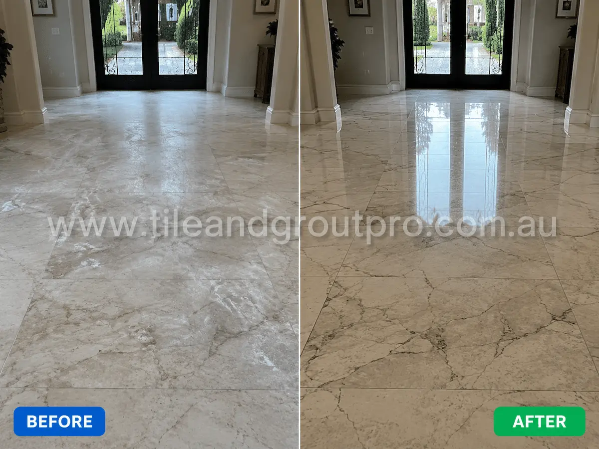 Before and after view of indoor marble foyer floor tiles with dull white efflorescence haze and cloudy finish restored to a polished shine through professional efflorescence treatment.