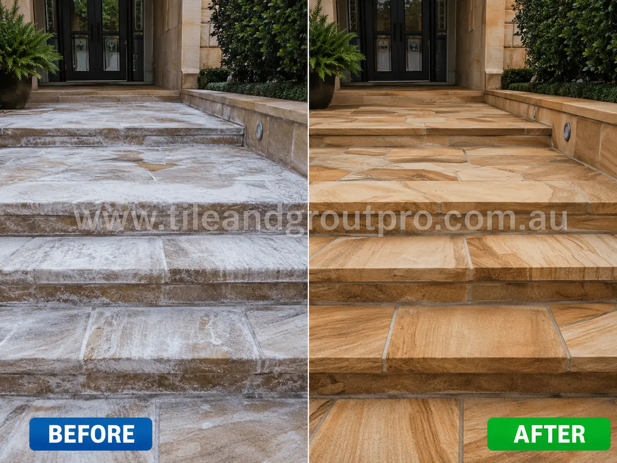 Before and after view of natural sandstone front entry steps with severe white efflorescence deposits and dull surface staining cleaned and restored using efflorescence treatment.