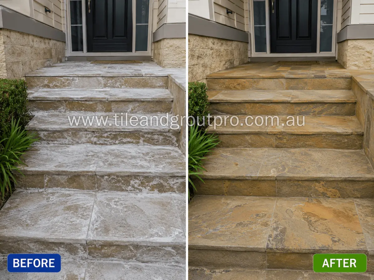 Before and after view of natural stone front entry steps covered in white efflorescence deposits and mineral staining restored through professional efflorescence treatment.
