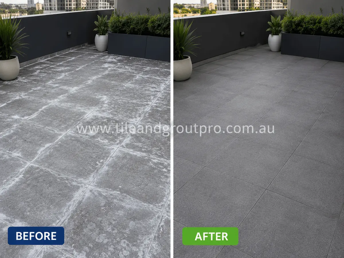 Before and after view of outdoor balcony porcelain floor tiles affected by widespread white efflorescence staining and cloudy residue cleaned with professional efflorescence treatment.