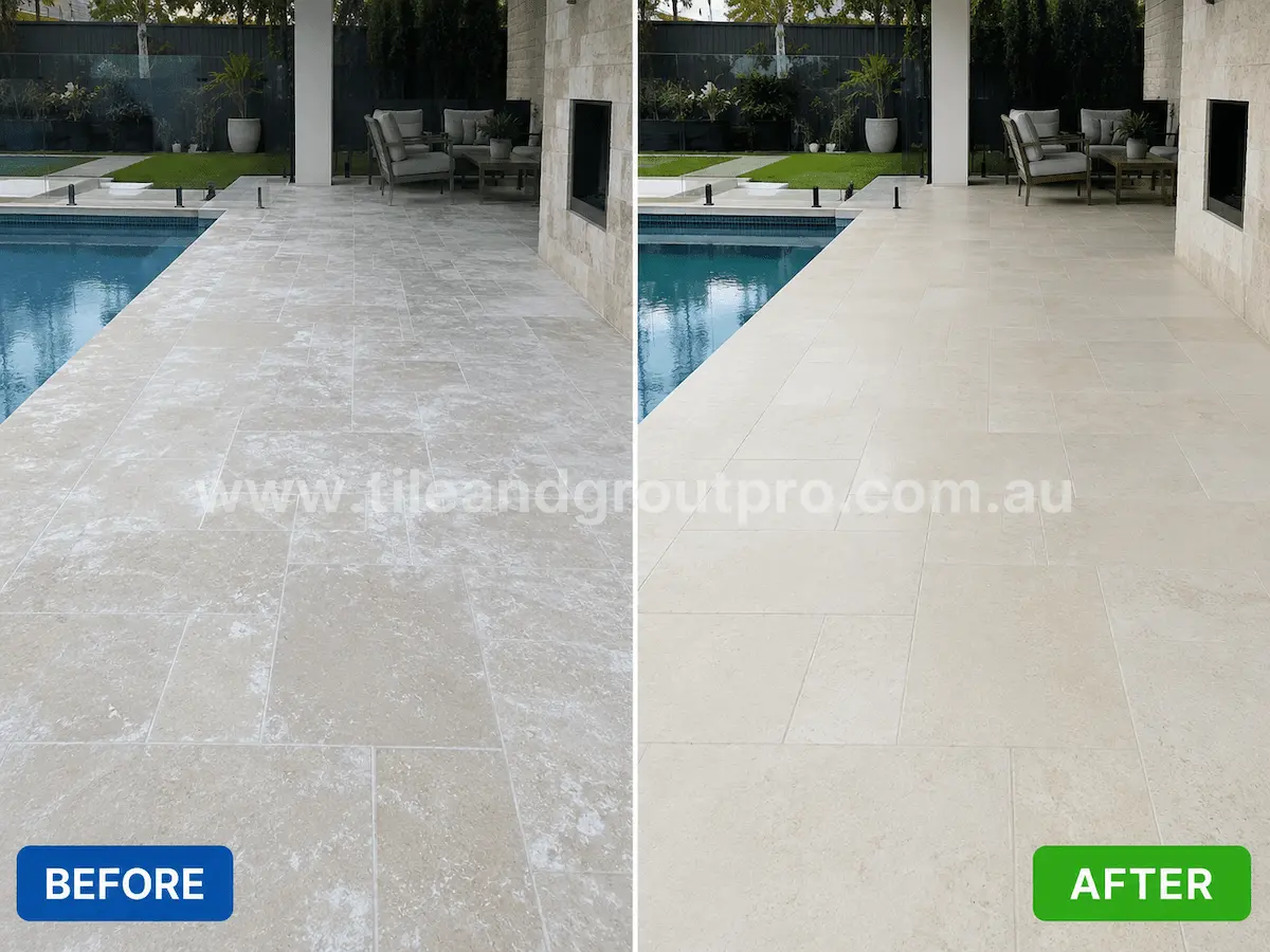 Before and after view of poolside limestone patio tiles affected by widespread white efflorescence haze and surface residue restored with professional efflorescence treatment.
