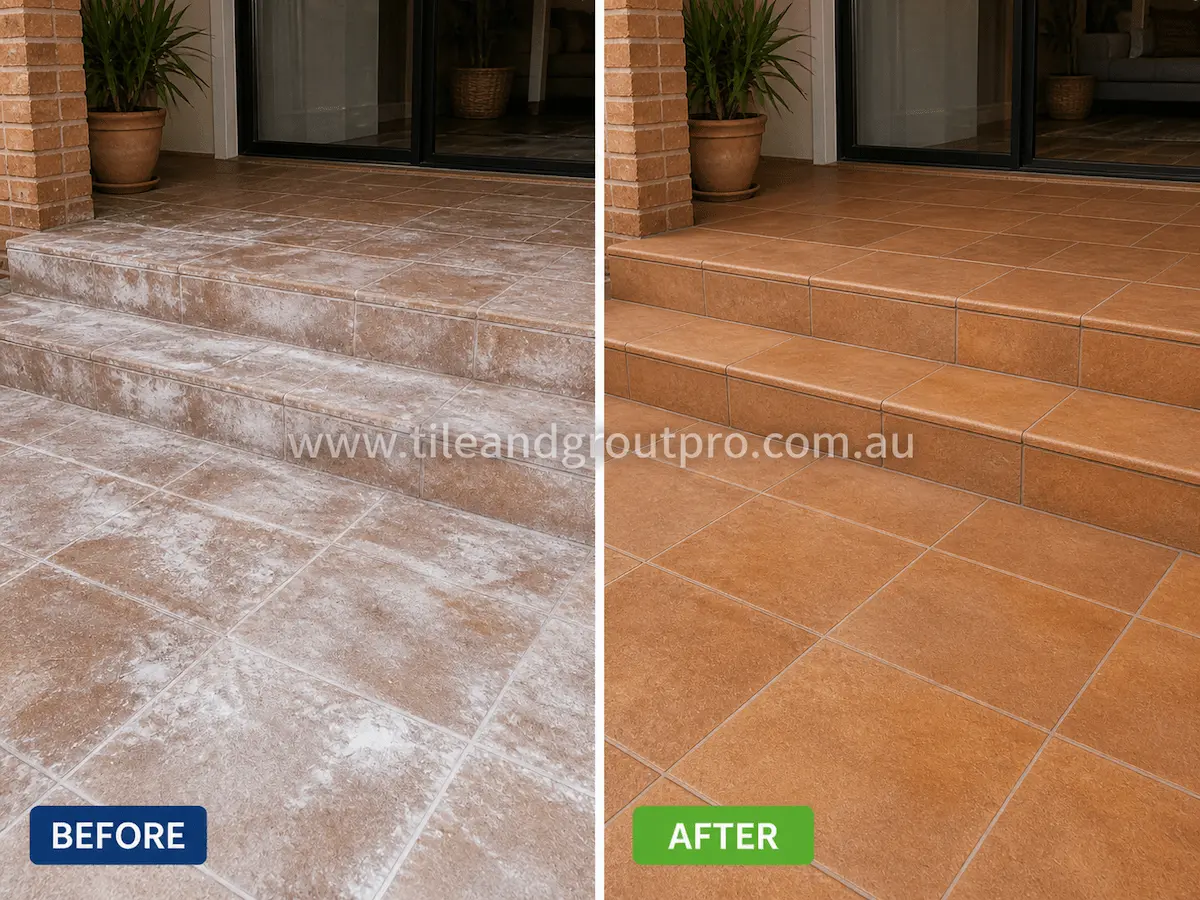 Before and after view of terracotta outdoor patio and step tiles covered with white efflorescence haze and mineral buildup removed through professional efflorescence treatment.