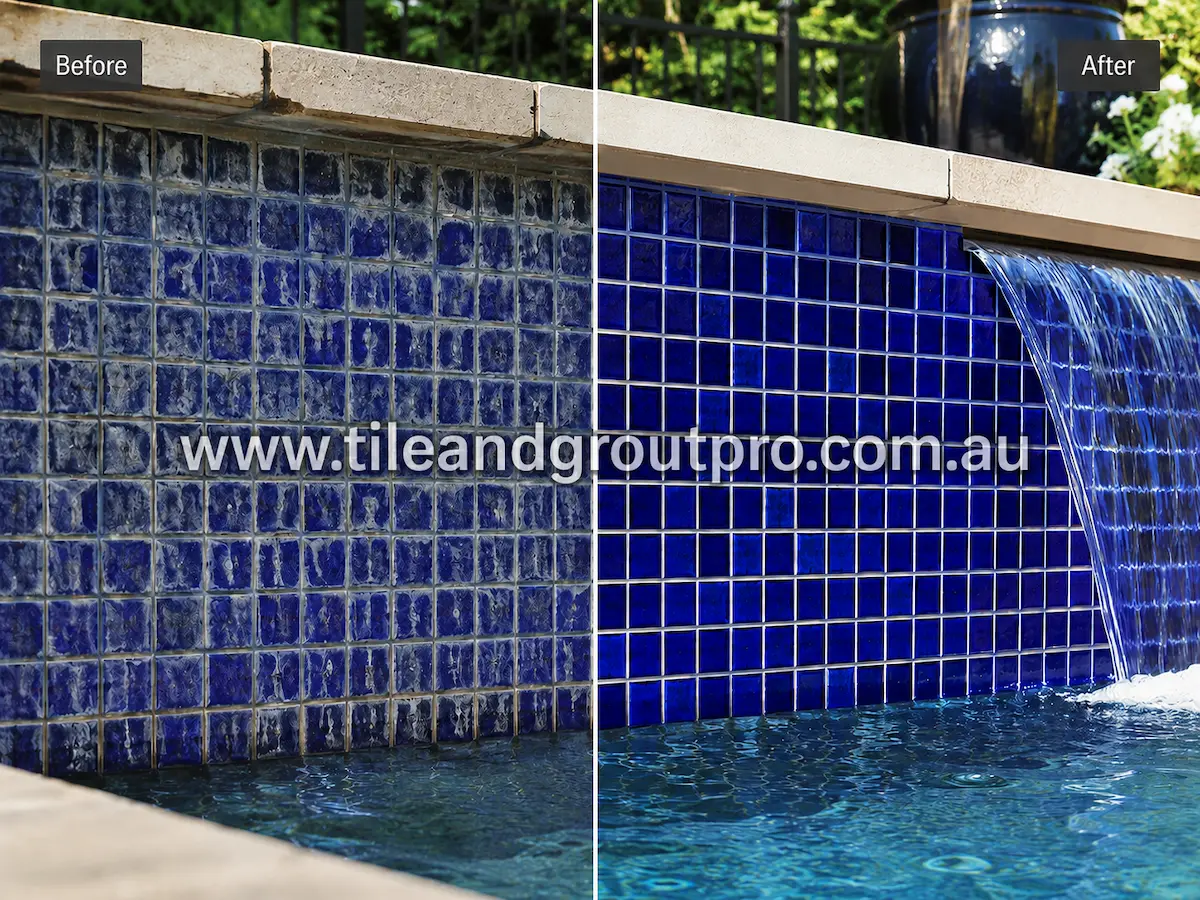 Before and after view of blue glass mosaic pool waterfall tiles with calcium deposits, scale buildup, and cloudy staining restored using professional glass tiles cleaning.