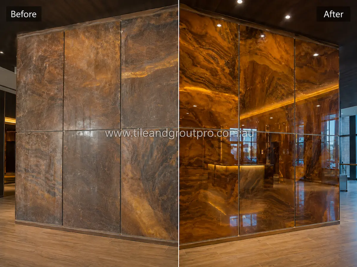 Before and after view of commercial marble-look glass feature wall panels with haze, smudging, and dullness restored to a high-gloss finish through glass tiles cleaning.