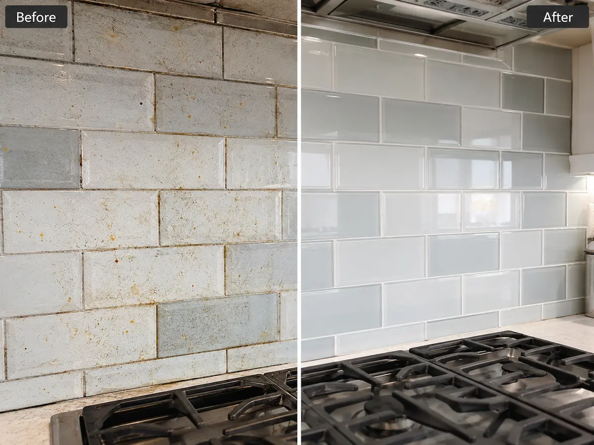Before and after view of kitchen glass subway splashback tiles with grease splatter, cooking residue, and surface staining professionally cleaned using glass tiles cleaning.