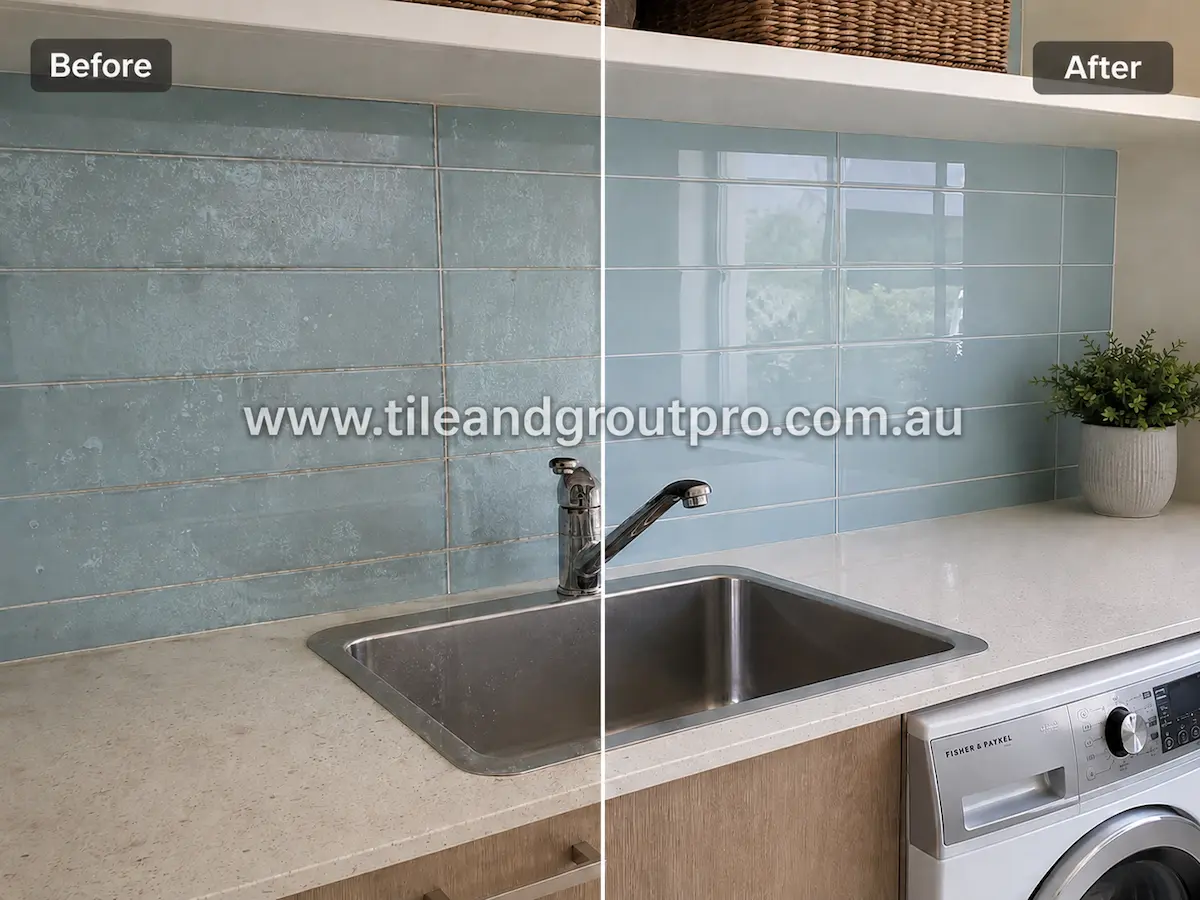 Before and after view of light blue glass subway wall tiles in a laundry area with water spots, cloudy residue, and dull buildup professionally cleaned and polished.