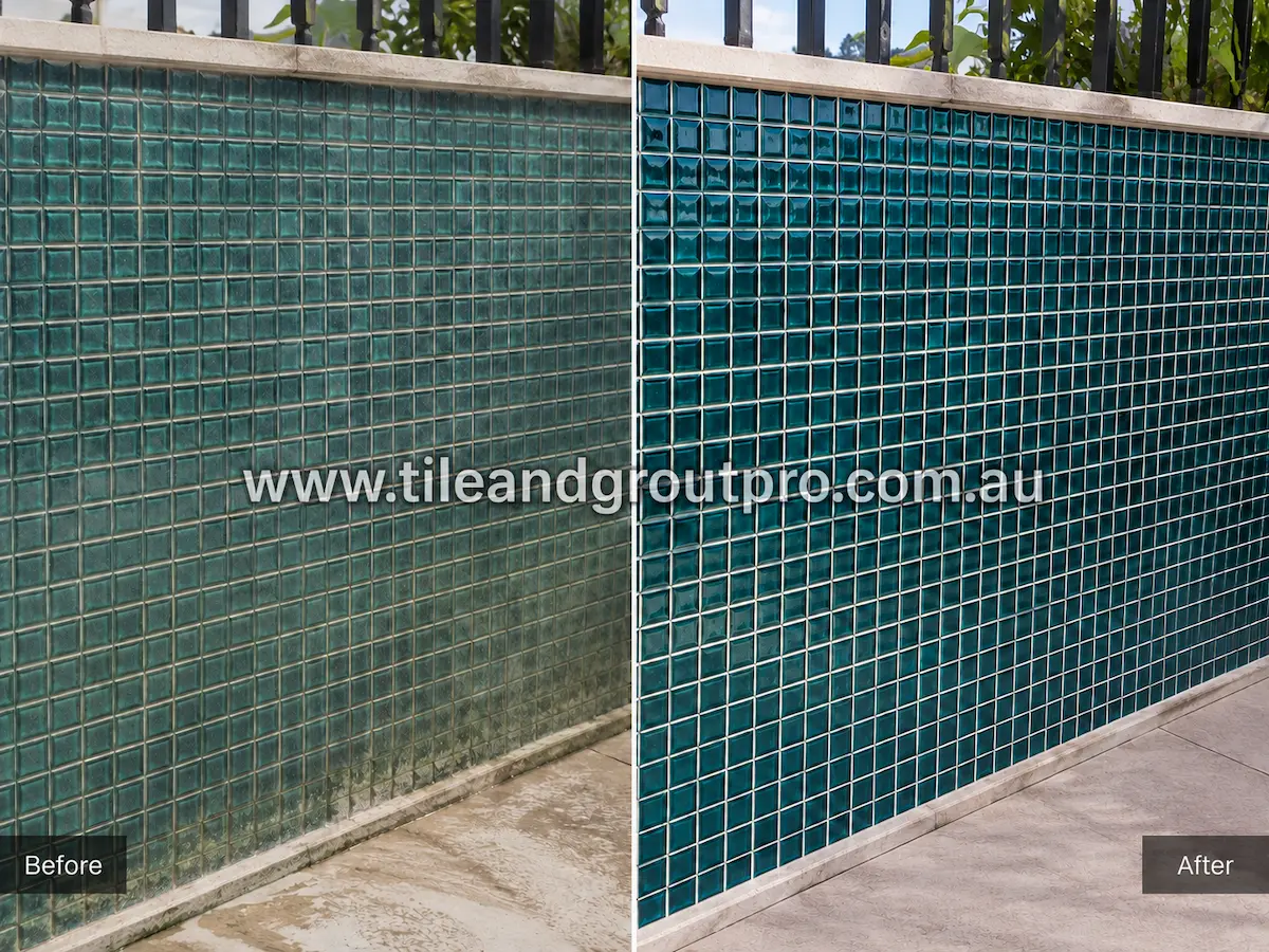 Before and after view of outdoor teal glass mosaic pool wall tiles with cloudy mineral buildup, water staining, and dull glass surfaces professionally restored through glass tiles cleaning.