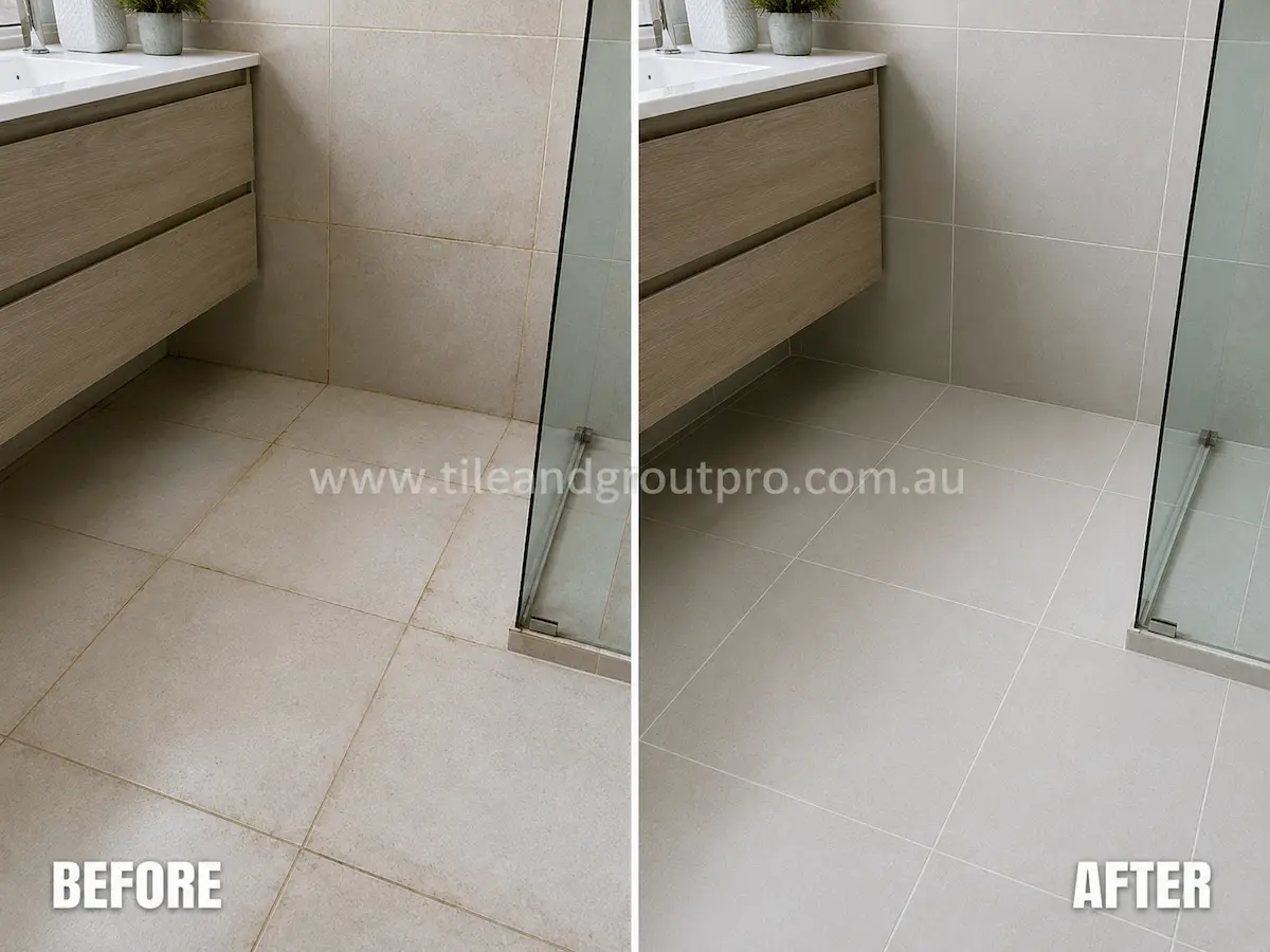 Before and after view of bathroom porcelain floor tiles near a vanity and shower with stained grout lines restored using grout color sealing.