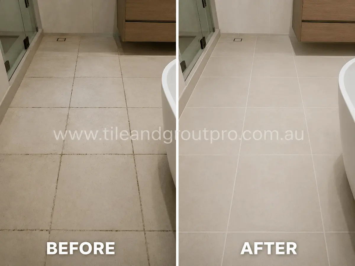 Before and after view of bathroom porcelain floor tiles with stained grout lines and dull tile surface refreshed through grout color sealing service.