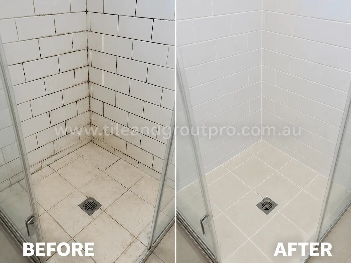 Before and after view of white subway shower wall tiles with mould, soap scum, and dark grout lines restored through professional grout color sealing.