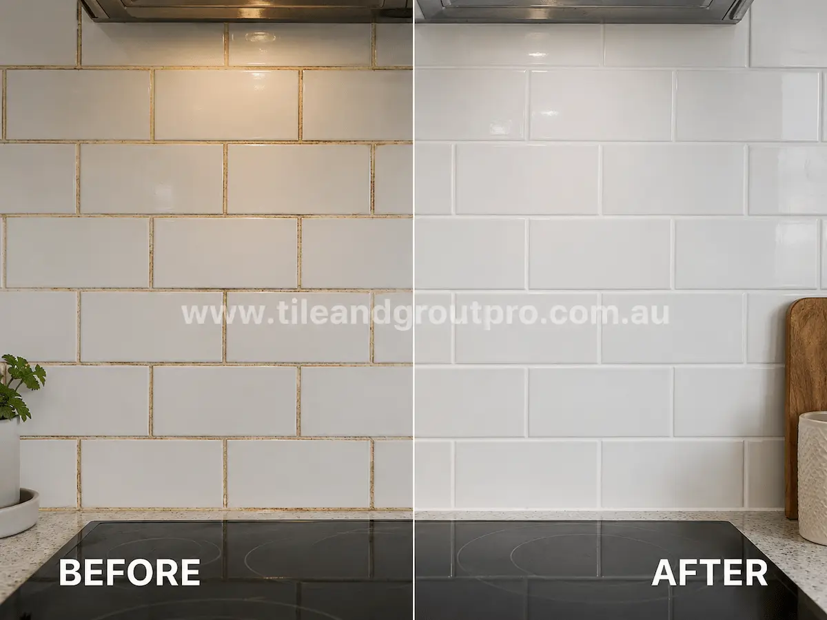 Before and after view of kitchen ceramic floor tiles with heavily discolored grout and surface grime restored using grout color sealing service.