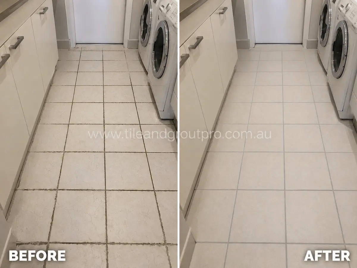 Before and after view of laundry room ceramic floor tiles with dirty grout lines and worn appearance renewed through grout color sealing.
