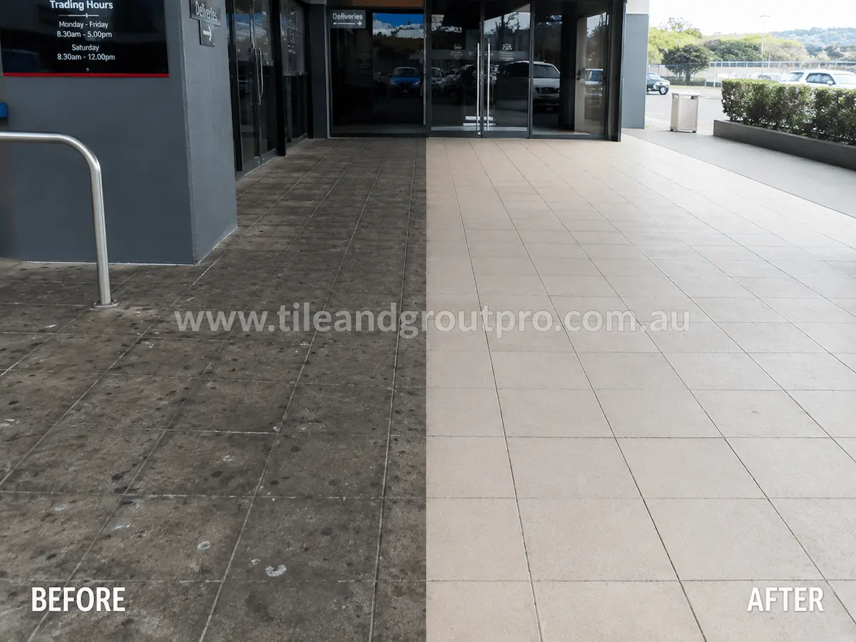 Before and after view of commercial entrance porcelain floor tiles with heavy dirt, stains, and traffic grime removed through high-pressure cleaning.