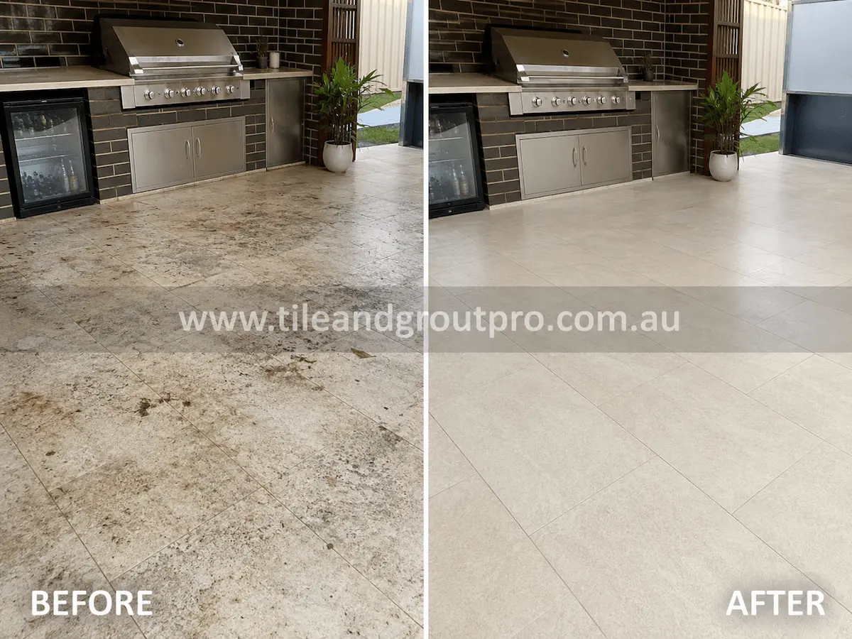 Before and after view of outdoor alfresco porcelain floor tiles with dirt, leaf stains, and grime buildup professionally cleaned using high-pressure cleaning.