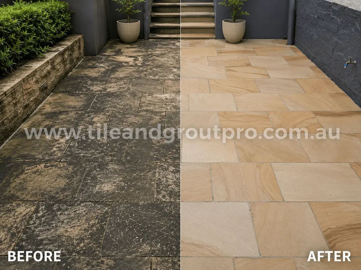 Before and after view of outdoor sandstone patio tiles with dark staining, mould, and weather grime removed through high-pressure cleaning.