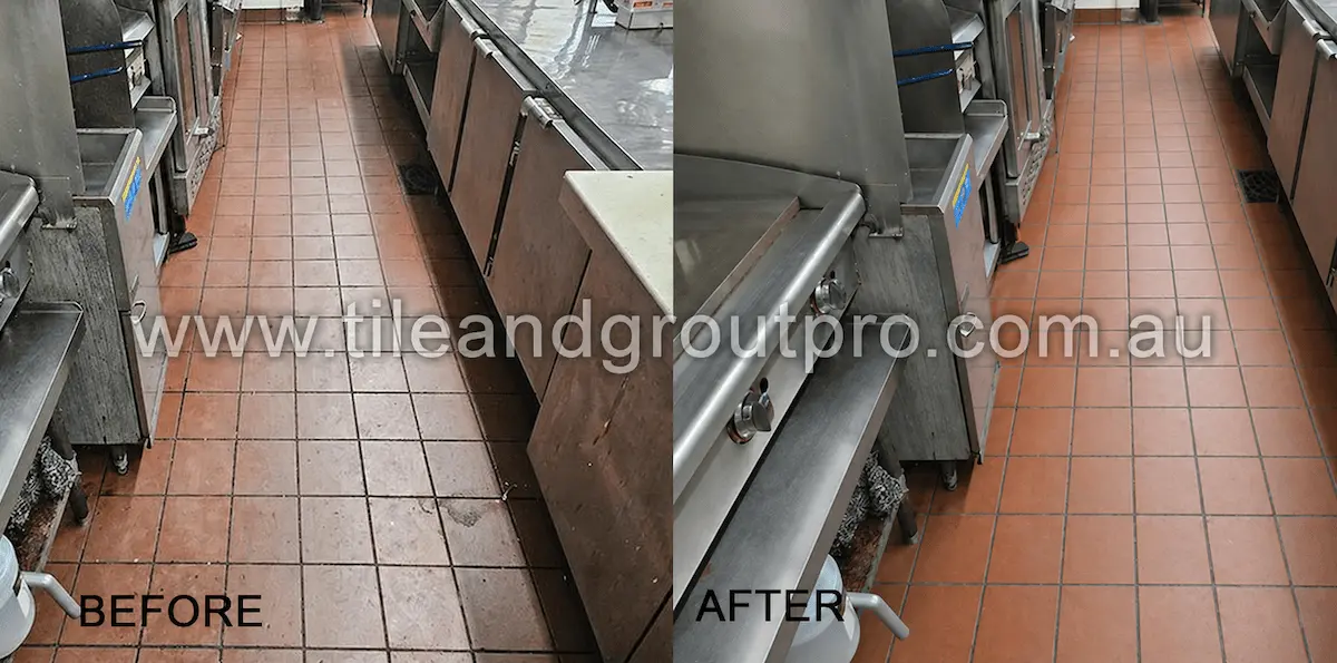 Commercial kitchen floor tile regrouting before and after showing deep cleaning and uniform grout lines