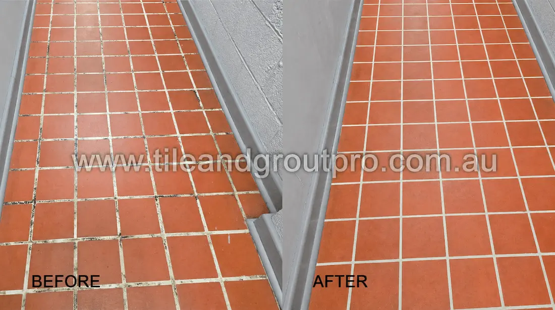Red floor tile regrouting before and after with brighter grout lines and improved tile appearance