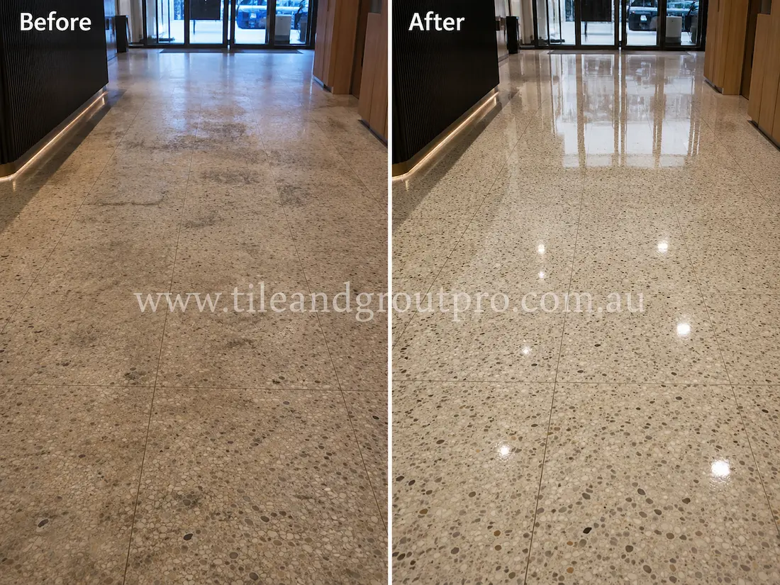 Before tile renewal, the commercial terrazzo lobby floor tiles appeared dull and heavily worn with traffic marks and uneven surface shine in an office entrance hallway.