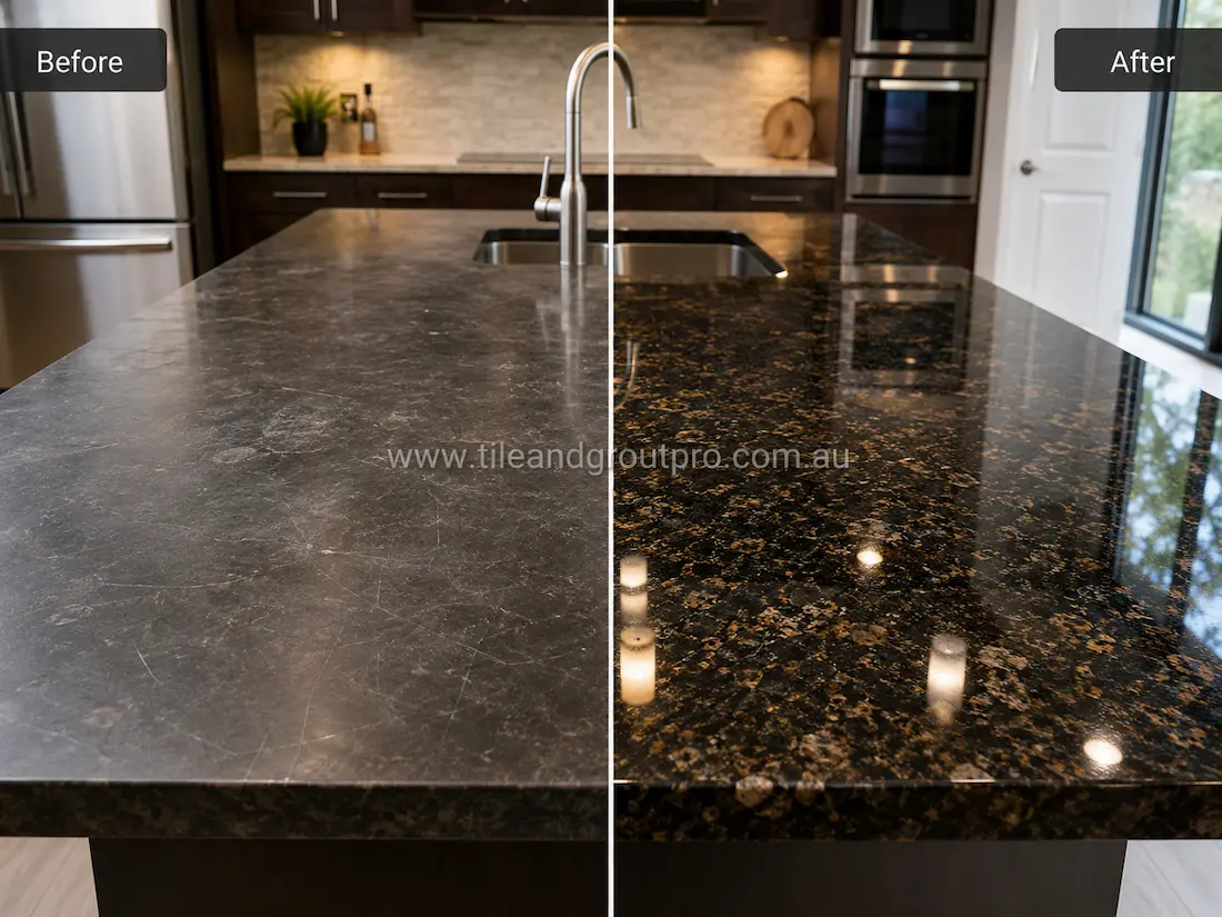 Black granite kitchen island countertop with faded shine and surface scratches before stone polishing in a modern kitchen. 