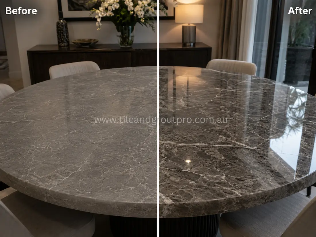 Grey marble dining table with dull surface and fine scratches before stone polishing in a modern dining room. 