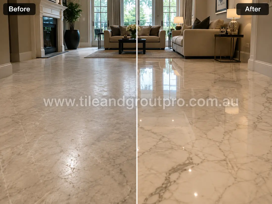 White marble living room floor tiles with dull finish and light etching before professional stone polishing in a luxury residential interior. 