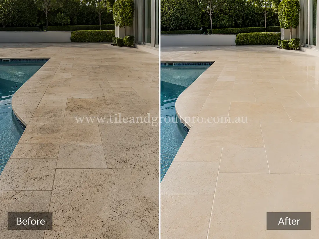 Before tile renewal, the outdoor limestone poolside tiles showed weather exposure, dark staining, and uneven surface appearance around a residential swimming pool.