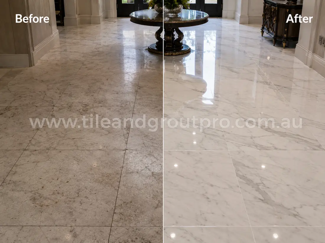 Before tile renewal, the polished marble entryway floor tiles appeared dull with light etching, traffic wear, and reduced reflection in a luxury residential foyer.