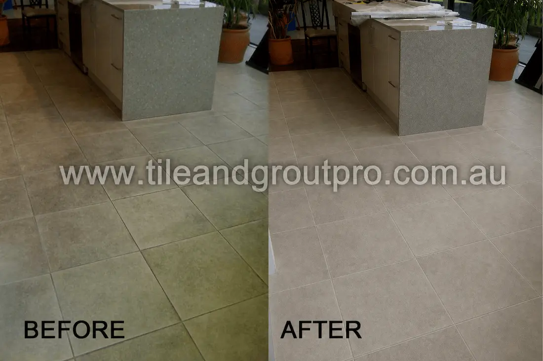 Kitchen floor tile cleaning and regrouting before and after with restored grout and fresh look