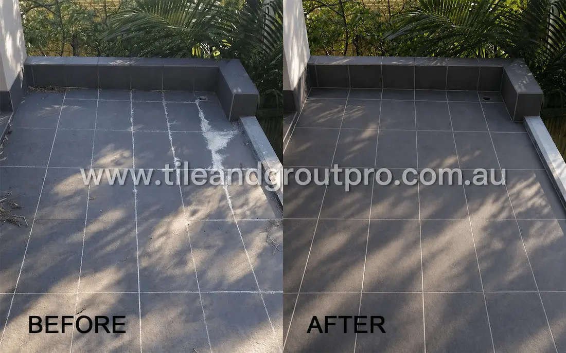 Outdoor patio tile regrouting before and after showing clean grout lines and restored dark tiles