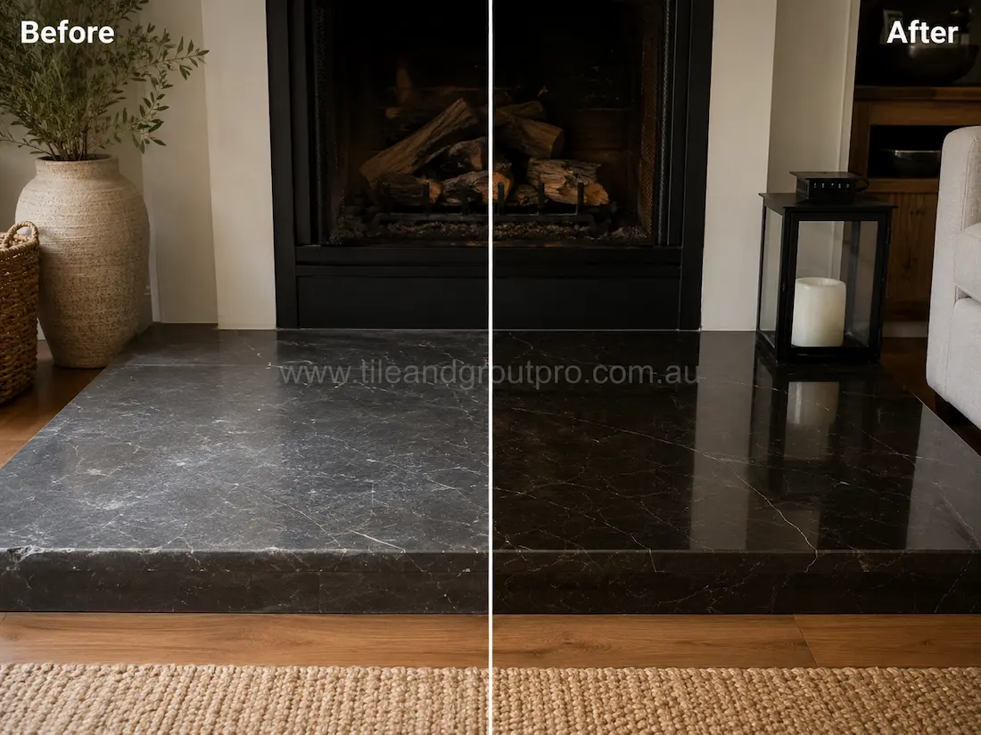 Dark soapstone fireplace hearth with scratches and faded finish before professional stone polishing in a living room. 