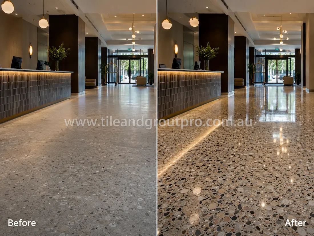 Grey marble staircase and landing tiles with dull finish and light etching before stone polishing in a modern interior.