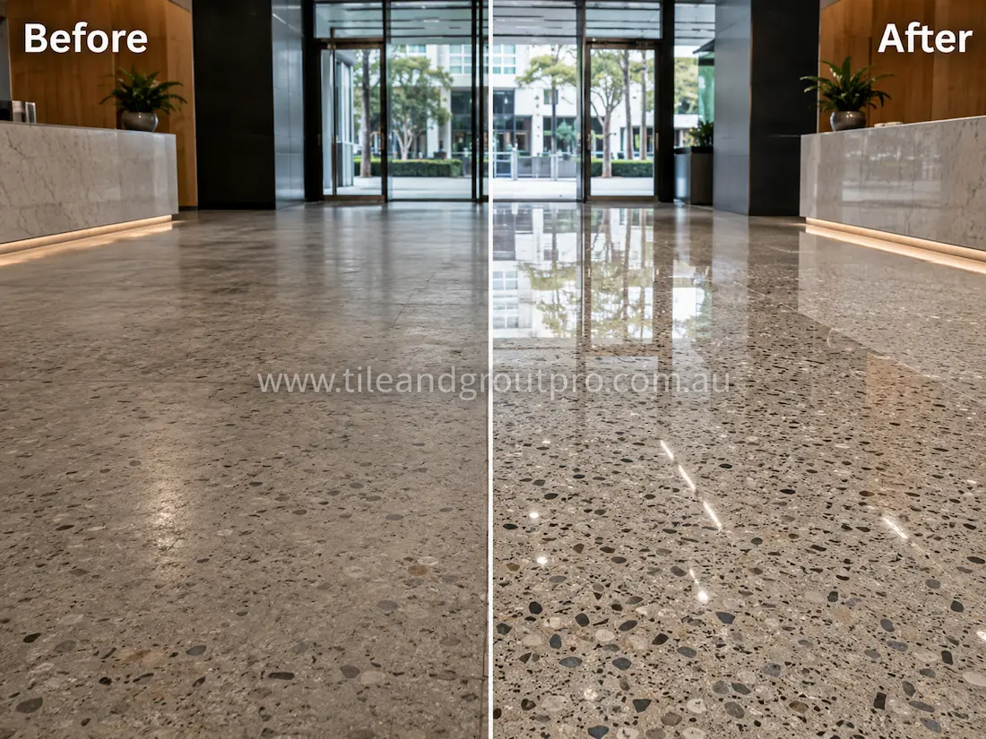 Commercial terrazzo lobby floor with matte finish and visible wear before professional stone polishing in a modern building entrance. 