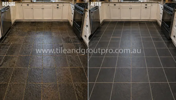 Kitchen floor tiles before and after regrouting with dark worn grout replaced by fresh clean lines